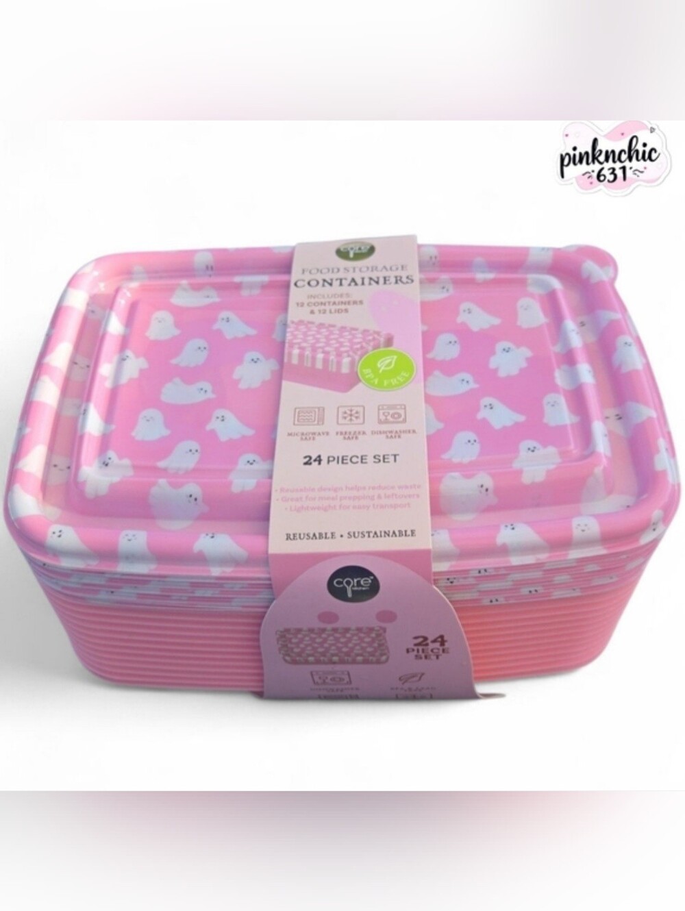 Pink Ghost Halloween 24 Piece Set Food Storage Containers Meal
